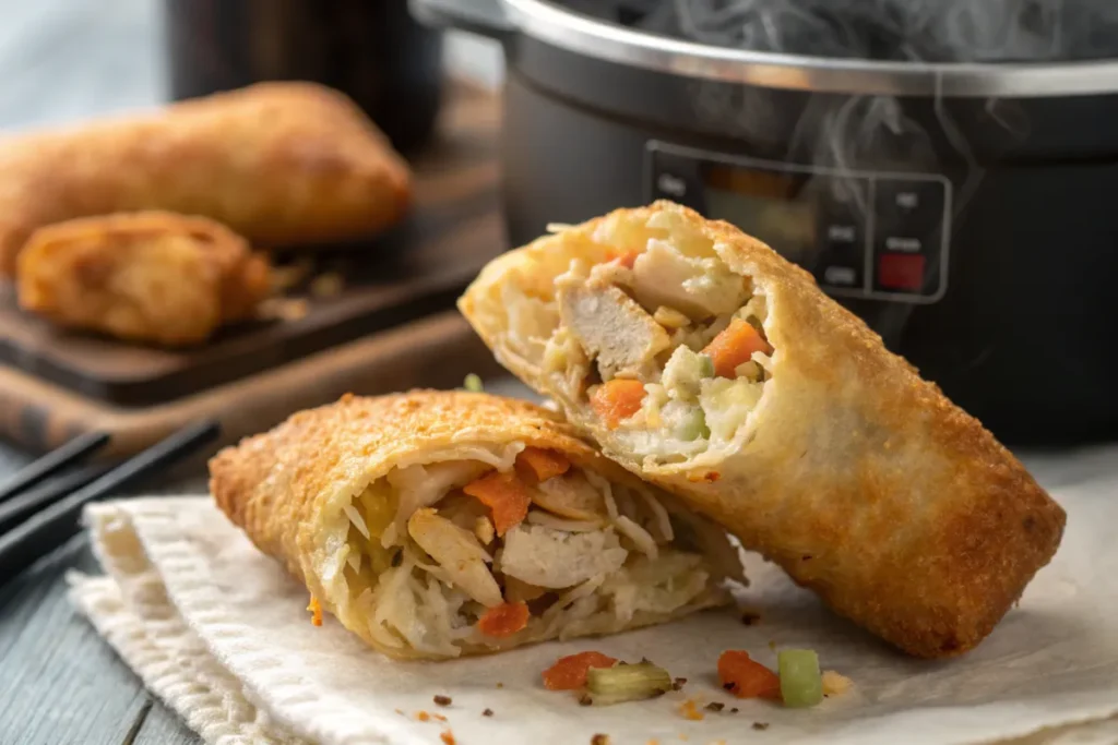 Baked chicken egg roll cut open to reveal its filling