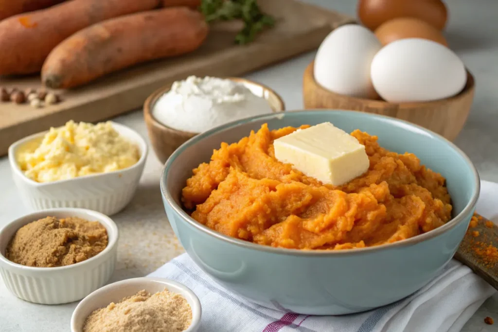 Mixing sweet potatoes with butter, sugar, and eggs for casserole preparation.