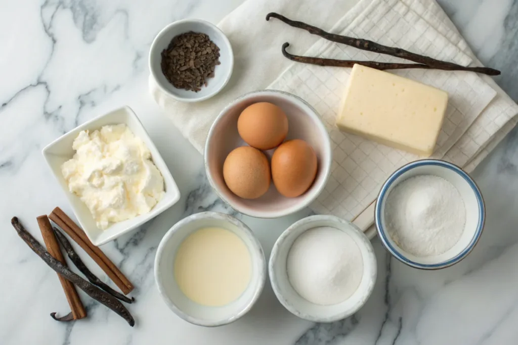 Flat-lay of ingredients for crème brûlée and custard on a marble countertop