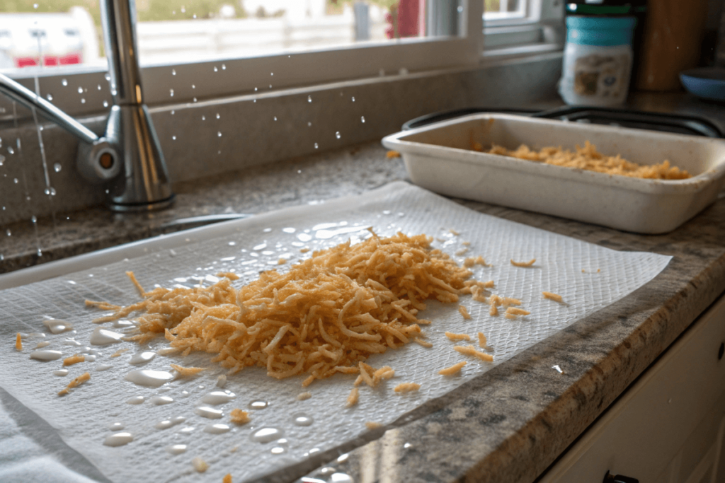 Frozen hash browns thawing on a paper towel.