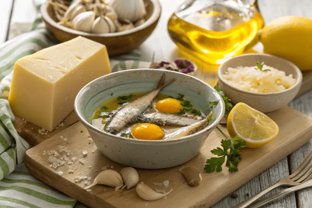 Ingredients for the original Caesar salad dressing.