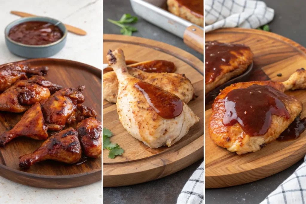 Chicken with barbecue sauce at different baking stages