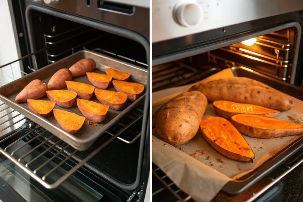 Sweet potatoes baking in a modern oven on a tray.