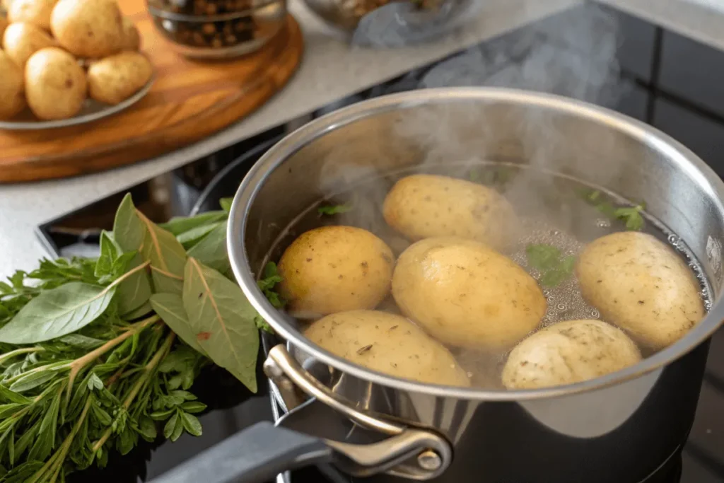 Boiling potatoes before baking for crispy results. Potatoes boiling in salted water with herbs.