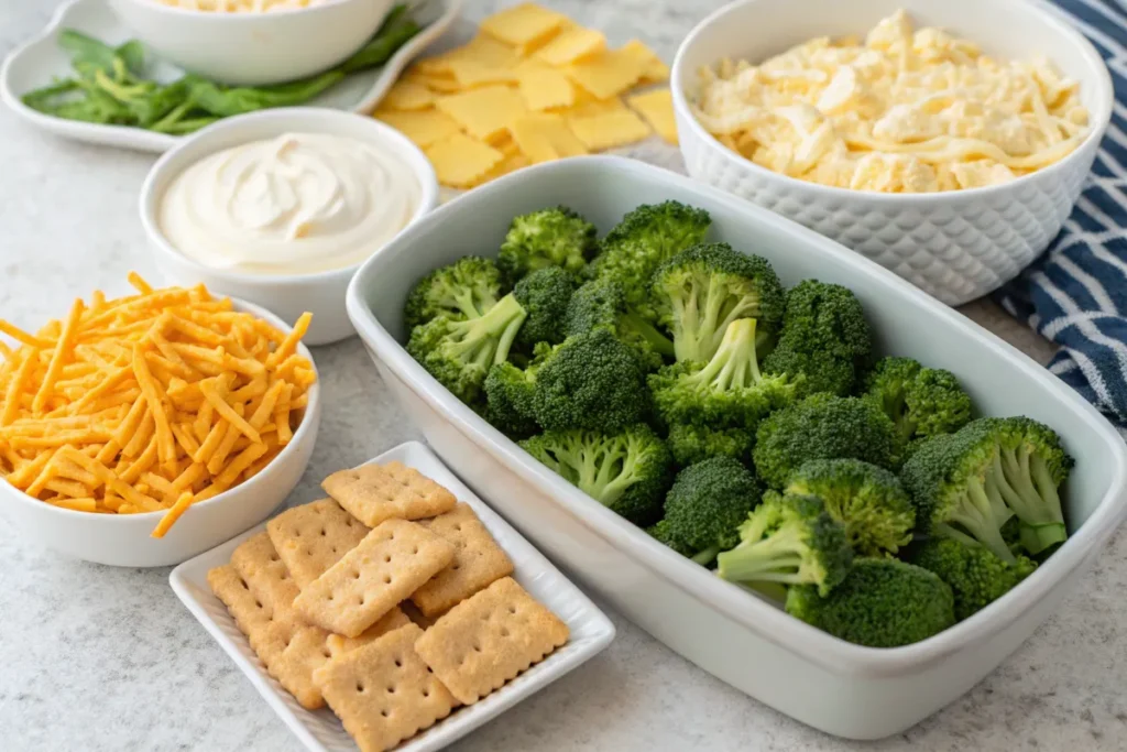 Fresh broccoli, cheese, mayonnaise, and crackers for broccoli casserole.