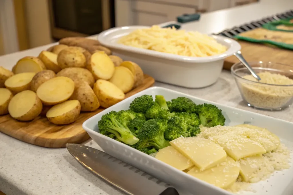 Fresh potatoes, broccoli, and cheese ingredients for casserole