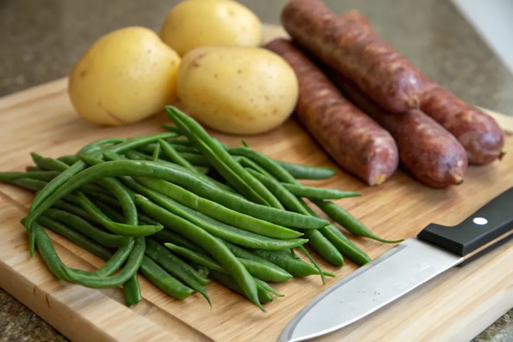 Fresh ingredients for sausage green bean potato casserole