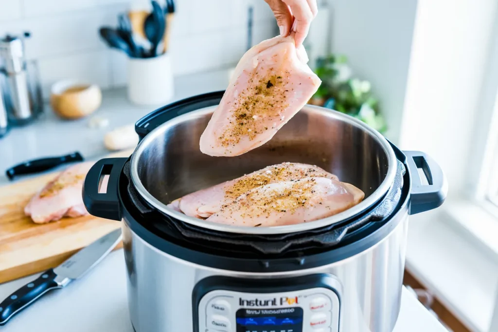 Seasoned chicken breasts being placed into an Instant Pot.