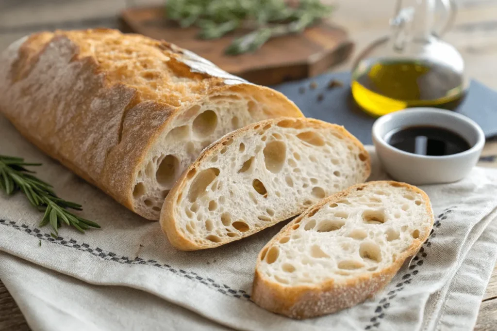 Sliced ciabatta bread with airy crumb and olive oil for dipping