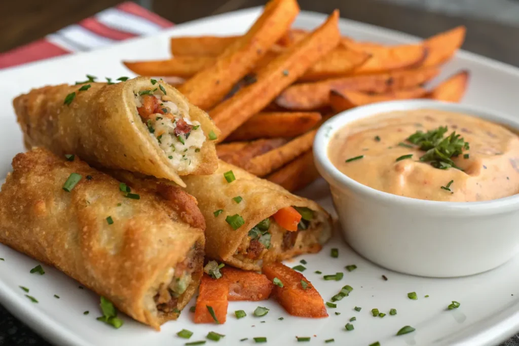 Buffalo egg rolls served with sweet potato fries and spicy aioli