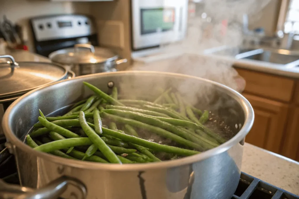 Green beans being blanched in boiling water.