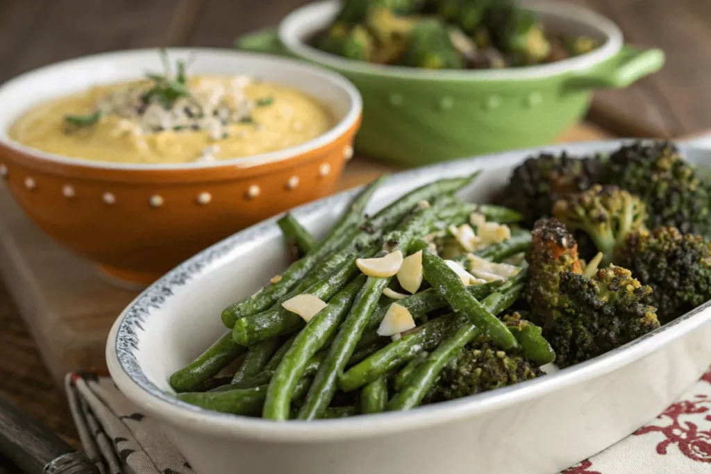 Sautéed green beans and broccoli with cheese sauce