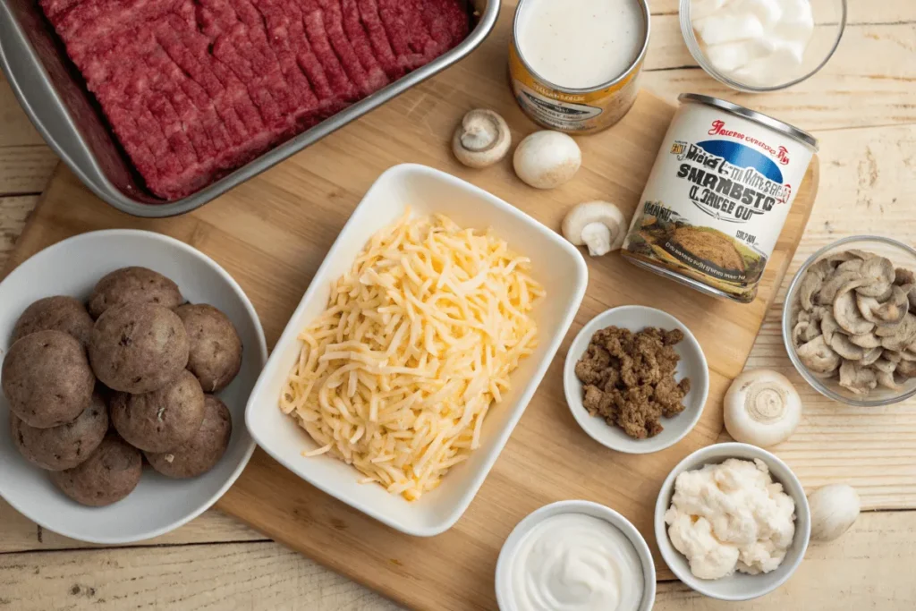 Ingredients for hamburger casserole with hash brown potatoes.