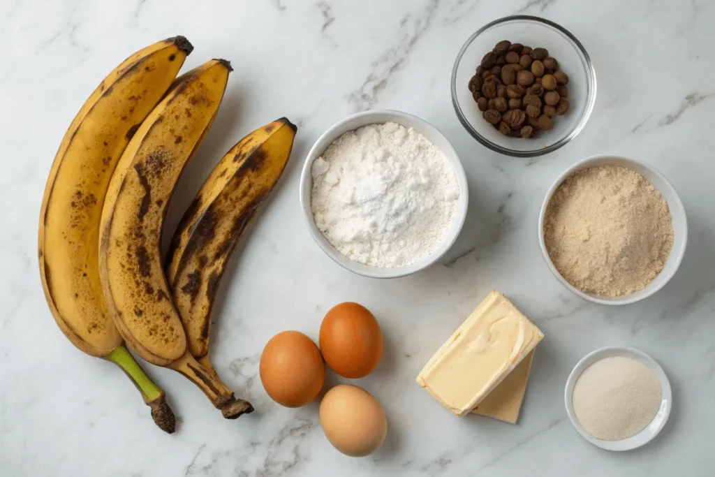 Core ingredients for banana bread including bananas, flour, sugar, eggs, and butter