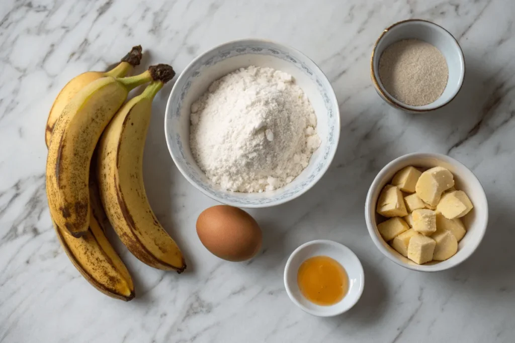 The four ingredients for banana bread: bananas, flour, eggs, and sugar on a marble countertop