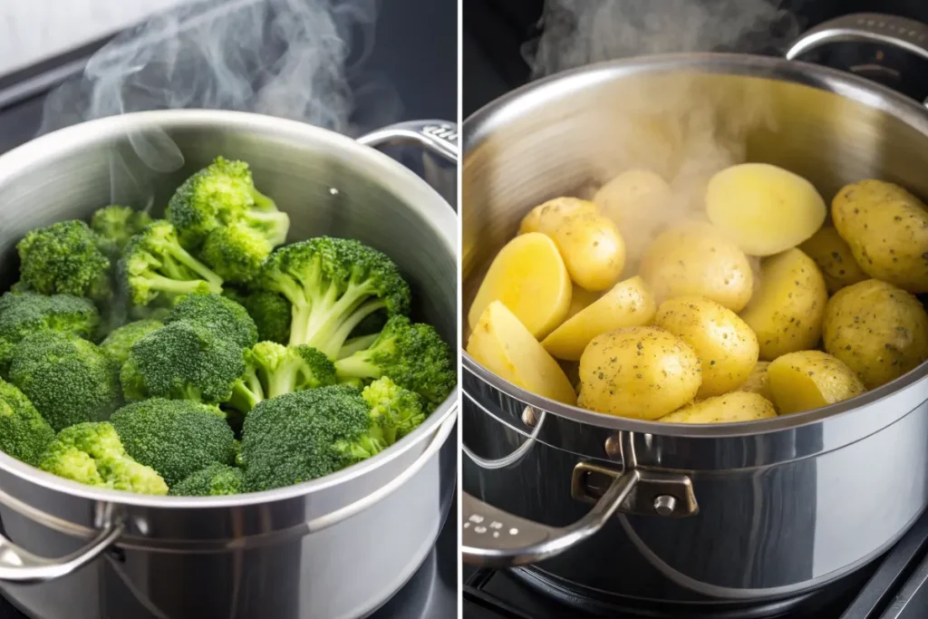 Steaming broccoli and boiling potatoes side-by-side.