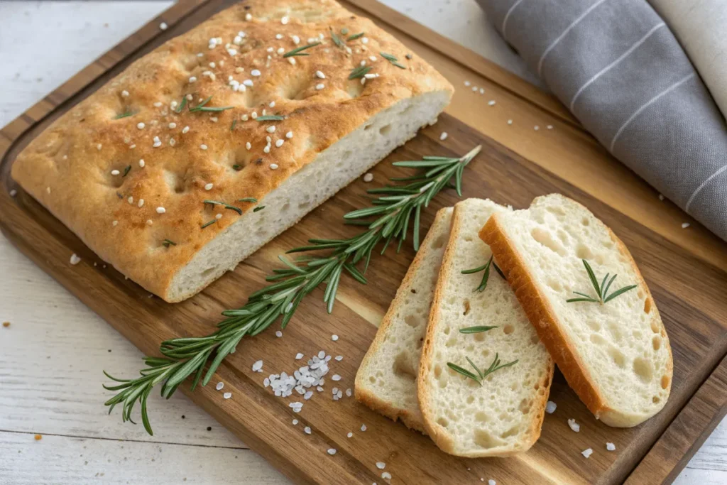 Ciabatta and focaccia bread, famous Italian breads, on a rustic cutting board