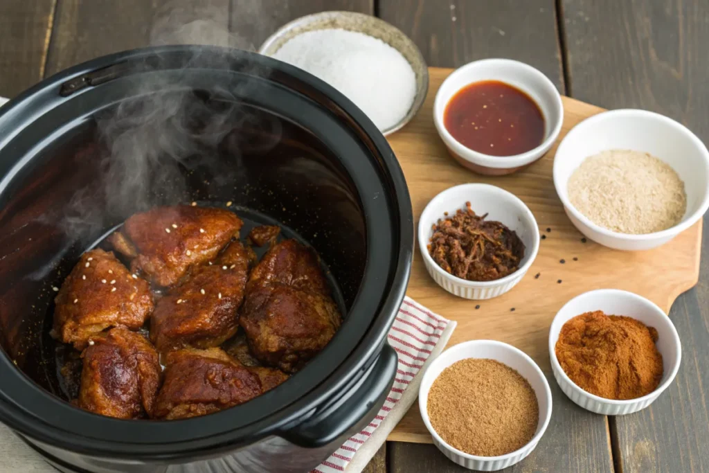 Slow cooker filled with brown sugar BBQ chicken and ingredients