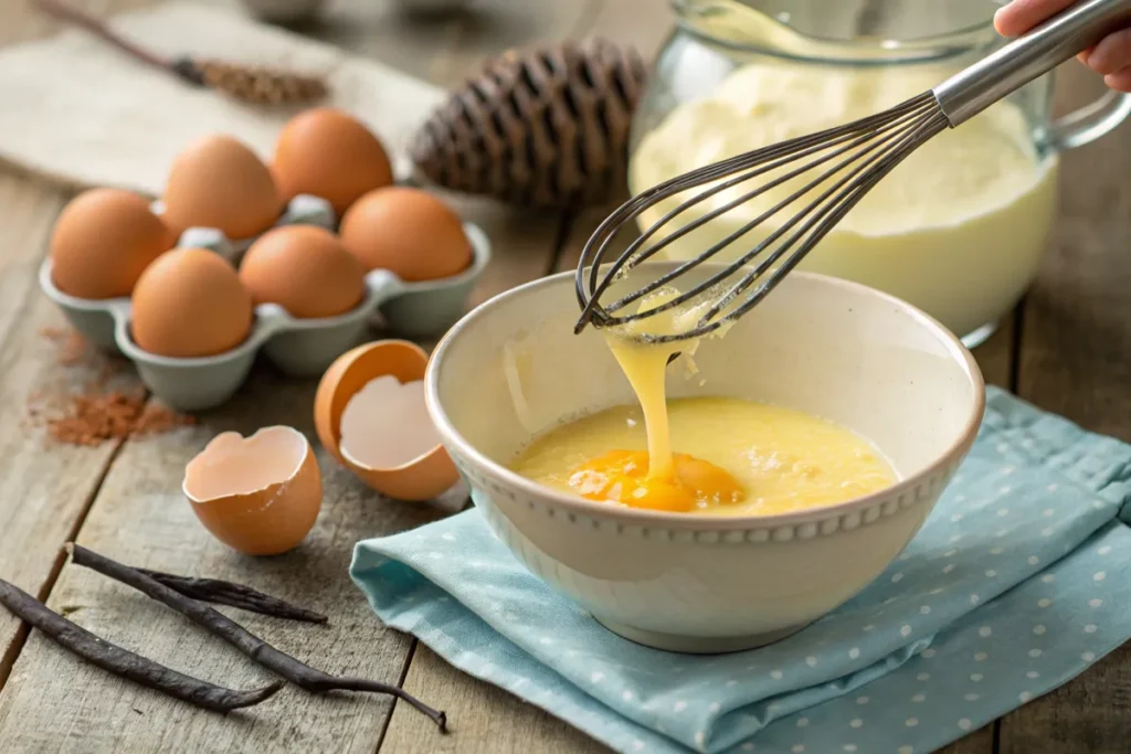 Tempering eggs for crème brûlée with warm cream and whisk.