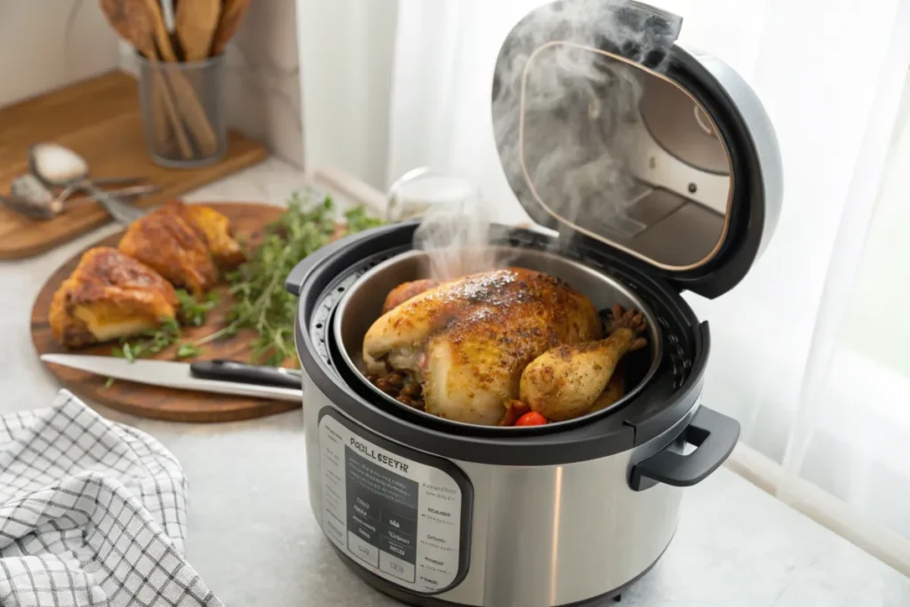 Steam releasing from Instant Pot with tender chicken inside