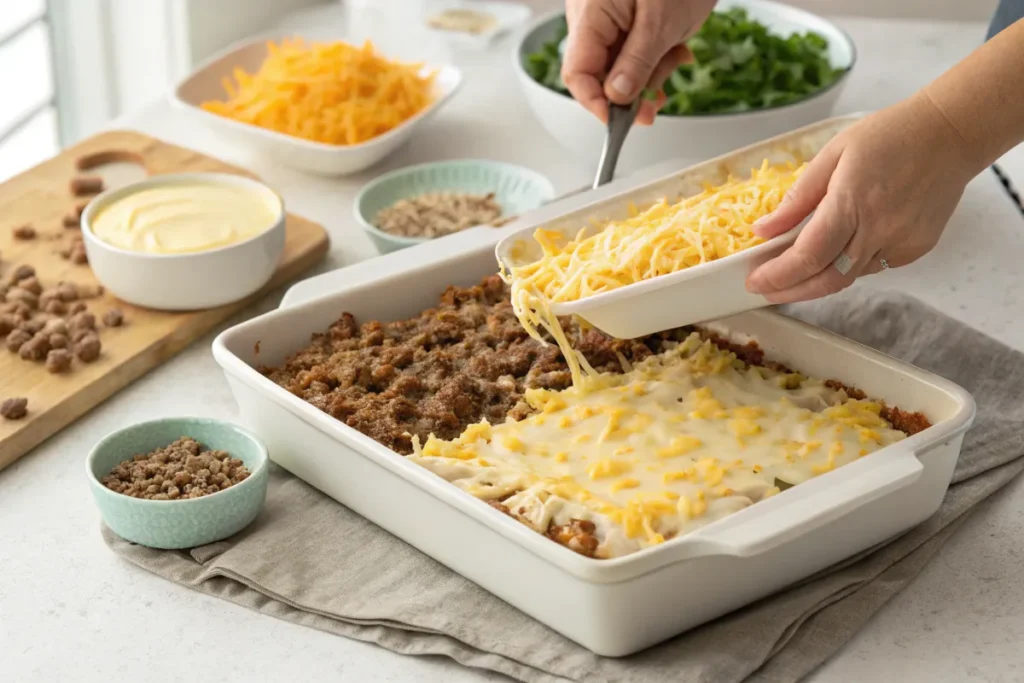  Ingredients for hamburger and hash brown potato casserole on a countertop