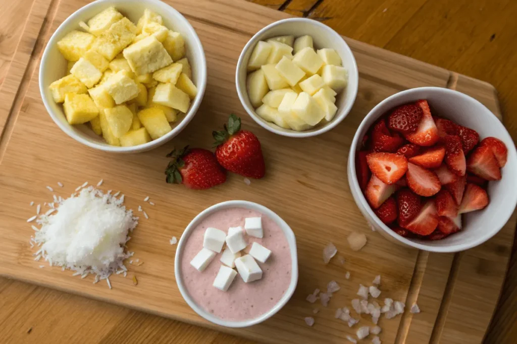 Ingredients for Bahama Mama Tropical Smoothie on a wooden counter