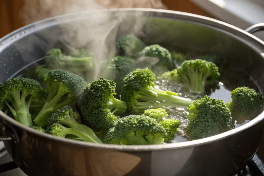 Broccoli steaming in a pot for quick cooking.