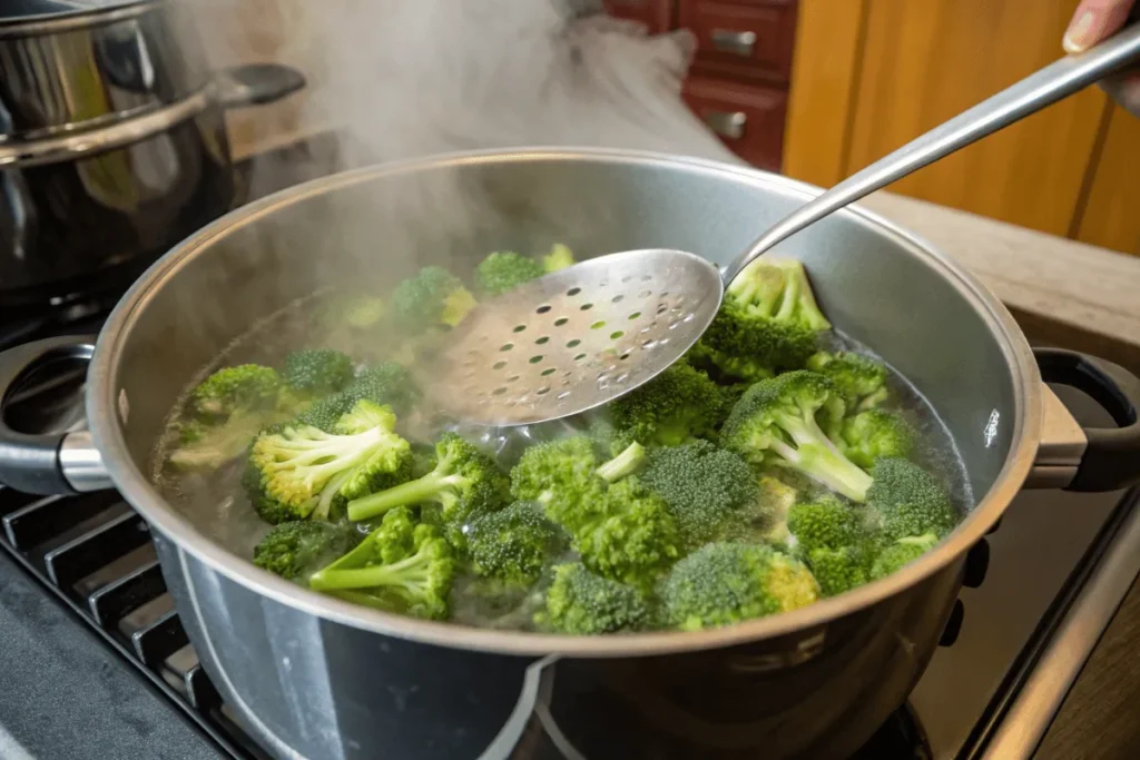 Blanching broccoli to prepare for casserole.
