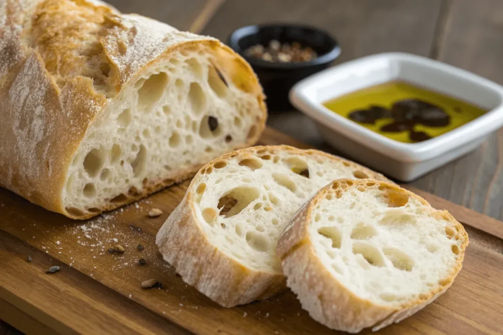 Sliced ciabatta bread with airy crumb and olive oil