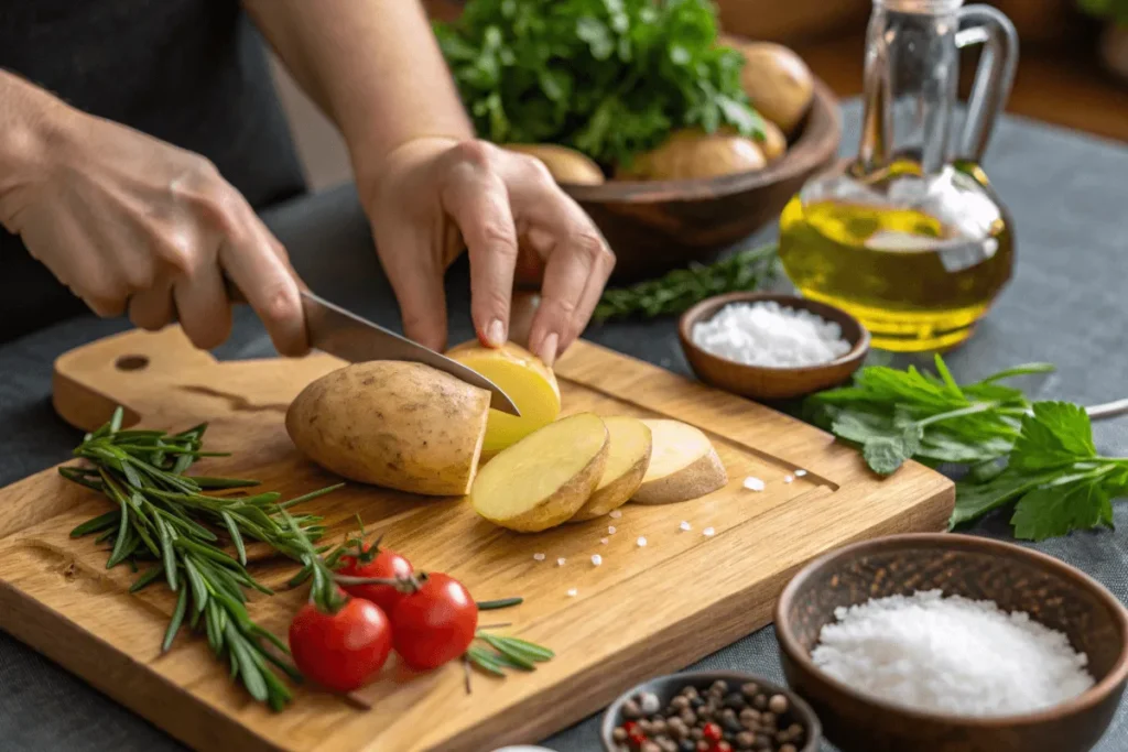 Hands slicing a raw potato to show how to speed up the baking time of potatoes