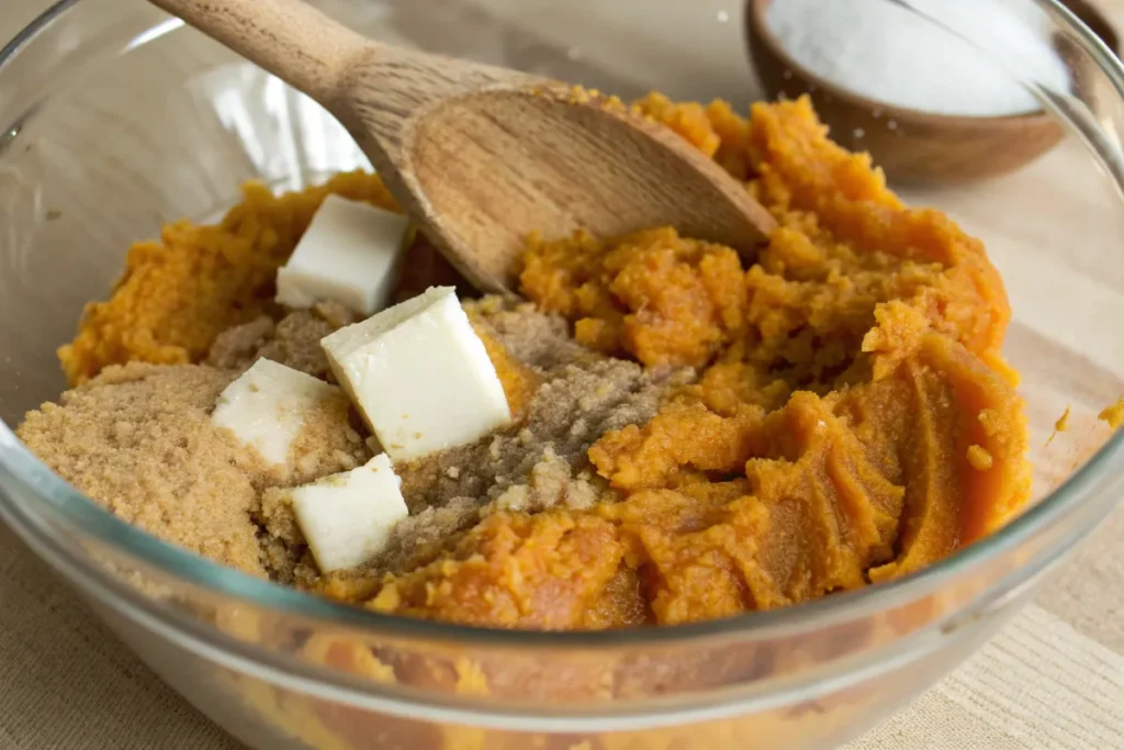 Mashed sweet potatoes mixed with butter and brown sugar in a bowl.