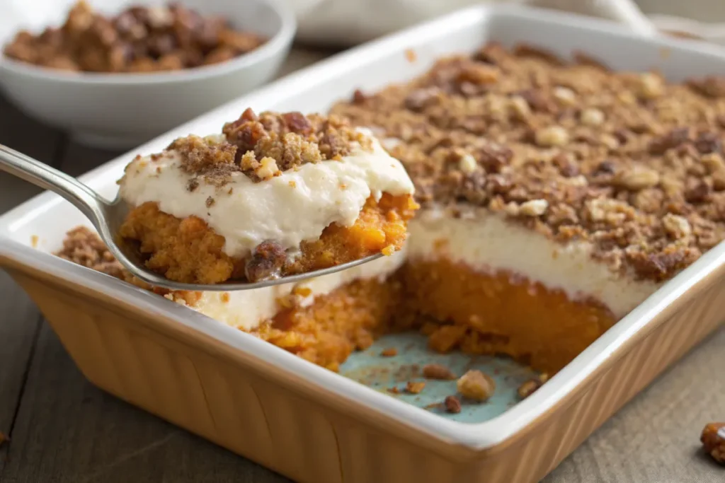 Close-up of Aldi Sweet Potato Casserole layers with praline topping