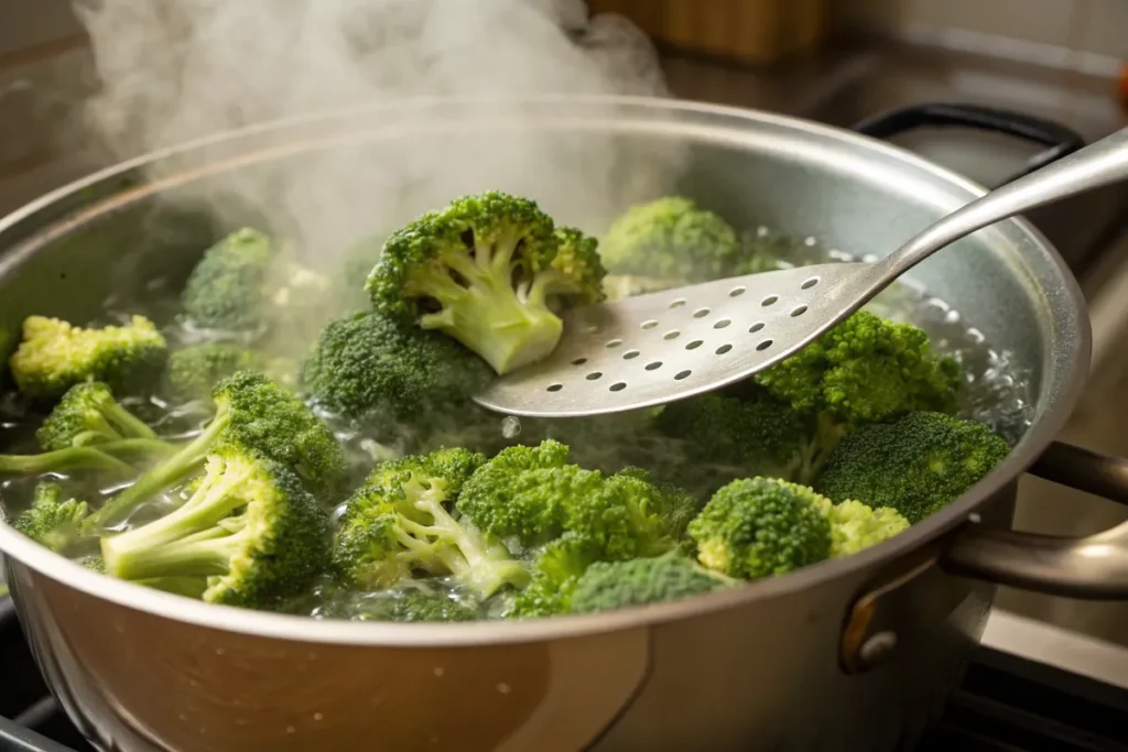 Fresh broccoli florets being blanched for casserole preparation.