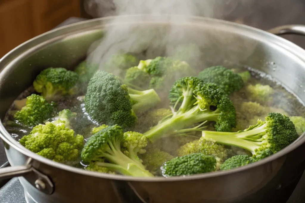 Fresh broccoli being blanched in boiling water for casseroles