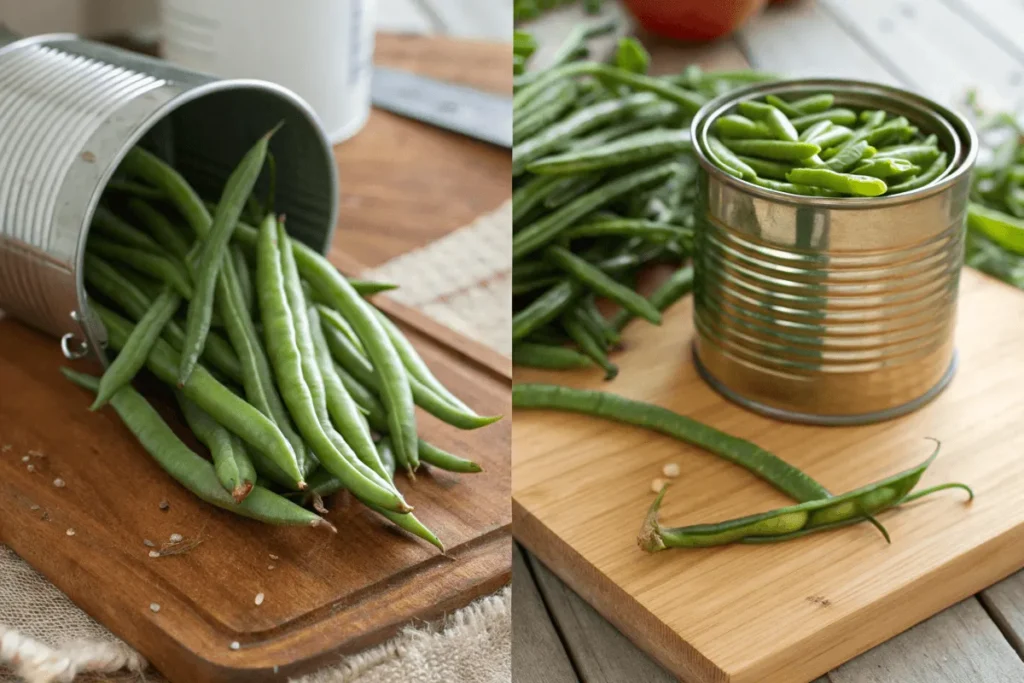 Fresh green beans on a cutting board next to an open tin of canned beans