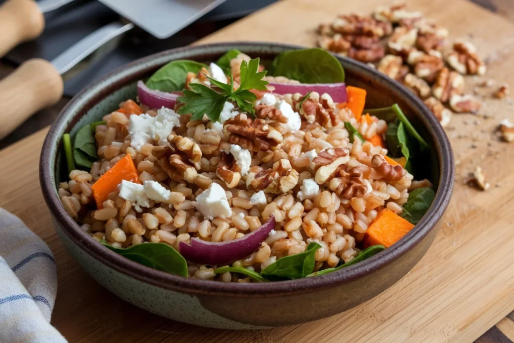 Warm farro salad with roasted vegetables and fresh spinach.