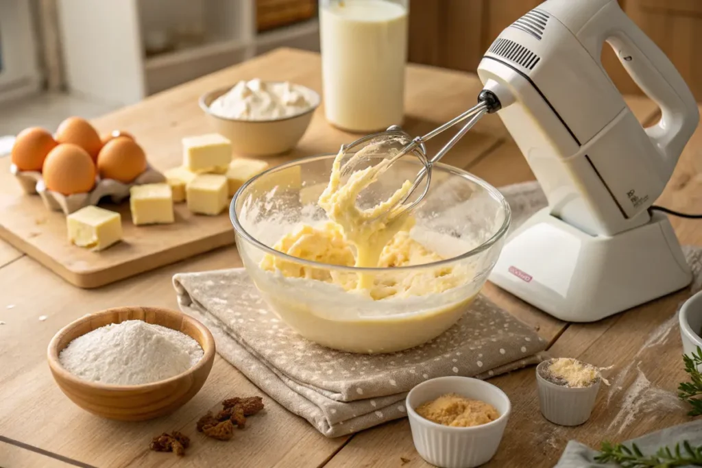 Step-by-step preparation of Mary Jane cake batter with a handheld mixer.