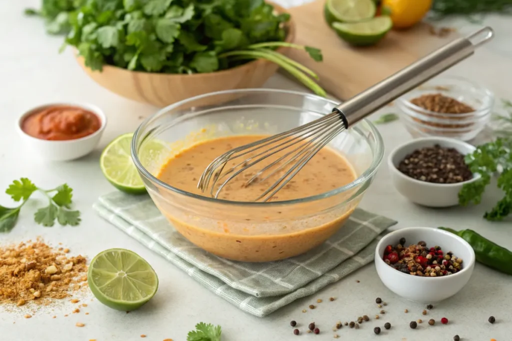 Homemade taco salad dressing preparation with fresh ingredients