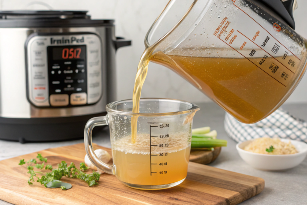 Measuring cup pouring chicken broth into an Instant Pot.