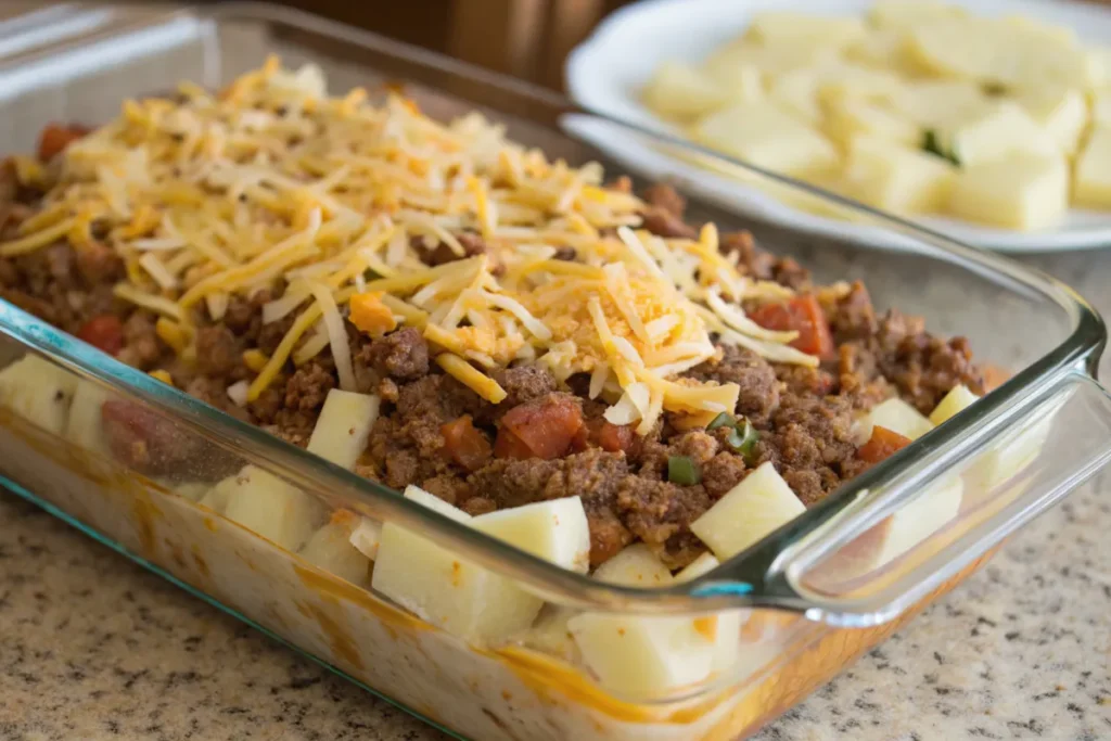 Layering taco potato casserole with beef, potatoes, and cheese