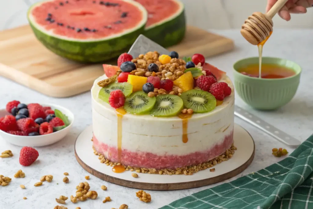 Watermelon cake being decorated with fruits and honey.