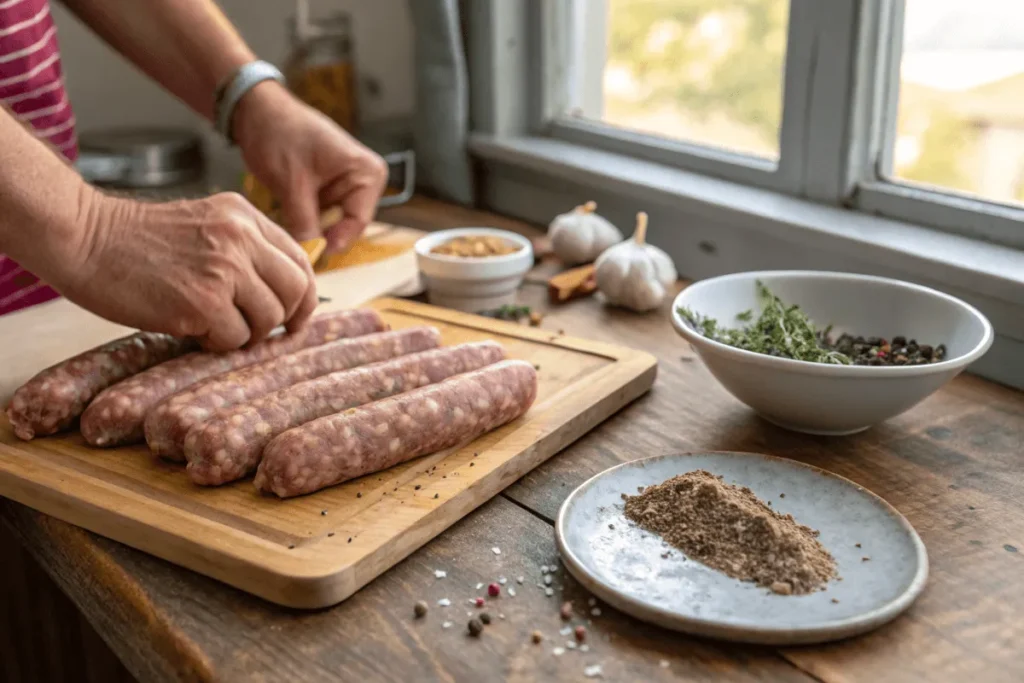 Homemade breakfast sausage links being shaped on a wooden cutting board.