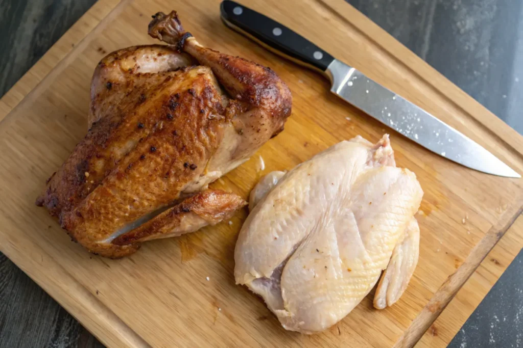 Comparison of overcooked and perfectly cooked chicken on a cutting board.