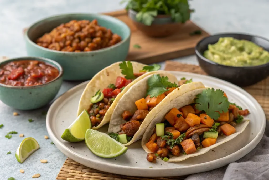 Plated vegetarian tacos with different fillings and garnishes