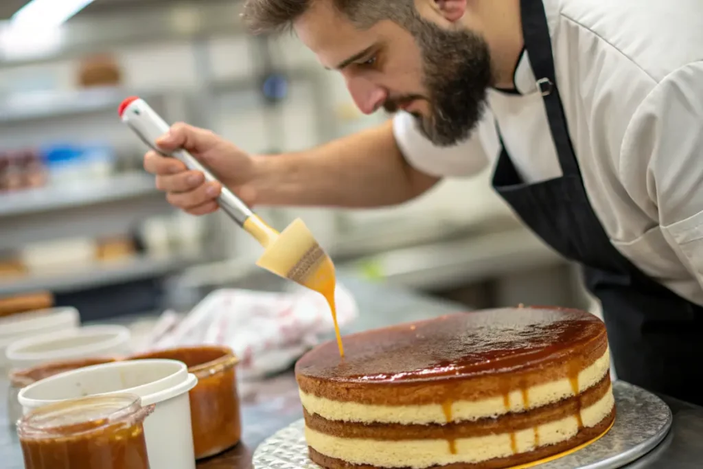 A baker brushing simple syrup over a cake layer.