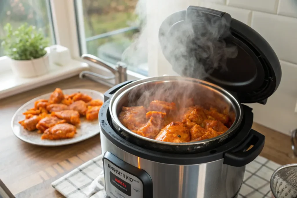 Instant Pot being opened to reveal cooked buffalo chicken