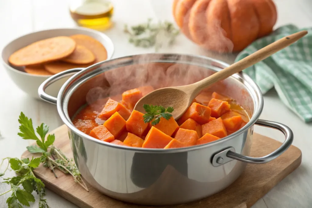 Sweet potato chunks boiling in a pot with steam rising.