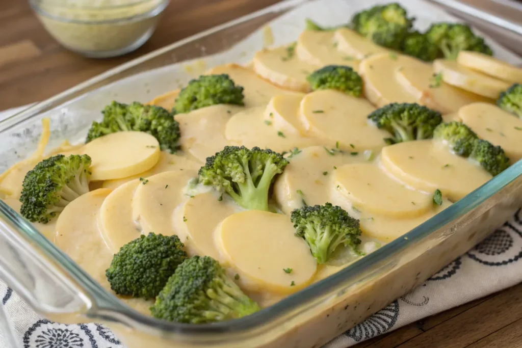 Layering broccoli and potatoes in a casserole dish.