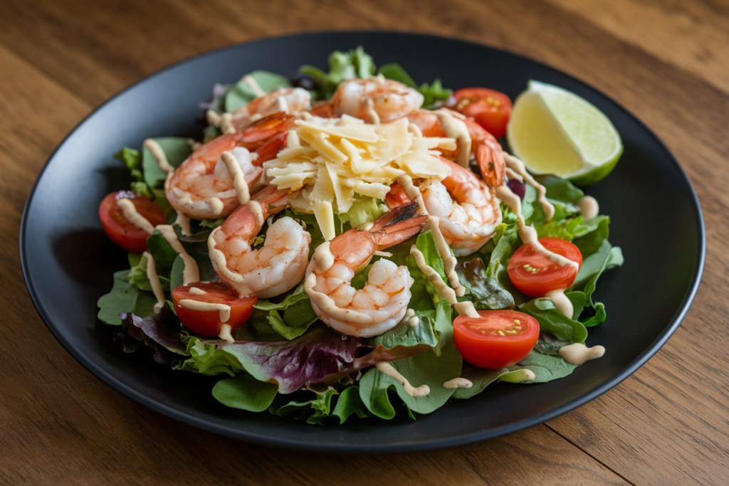 Low-carb taco salad with grilled shrimp and greens