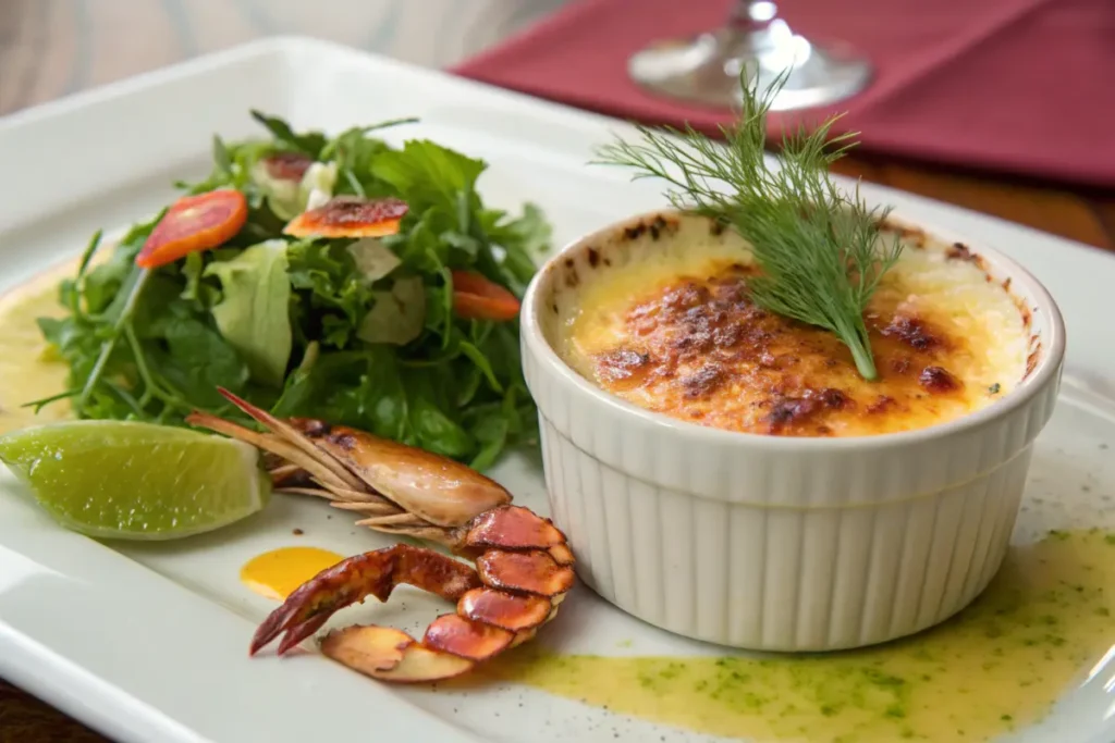 Crab brulee recipe plated with a green salad and vinaigrette